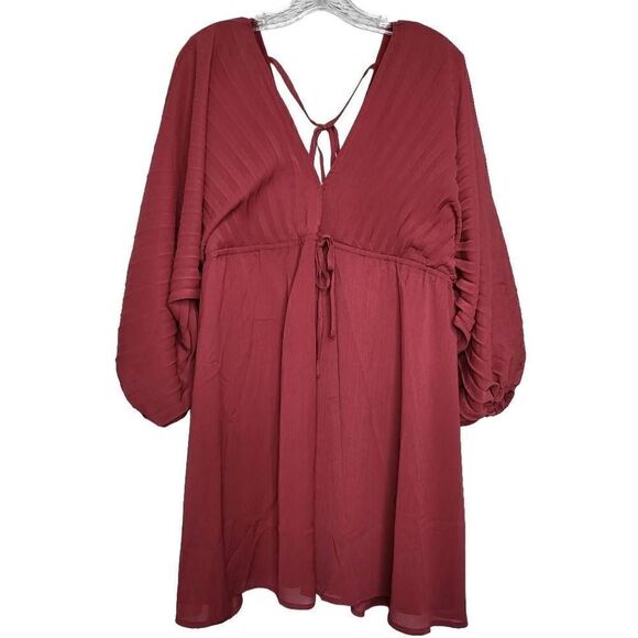 Promesa Deep Magenta Solid Deep V Neck Chiffon Bishop Sleeve Mini Dress Size Sma - Picture 3 of 11